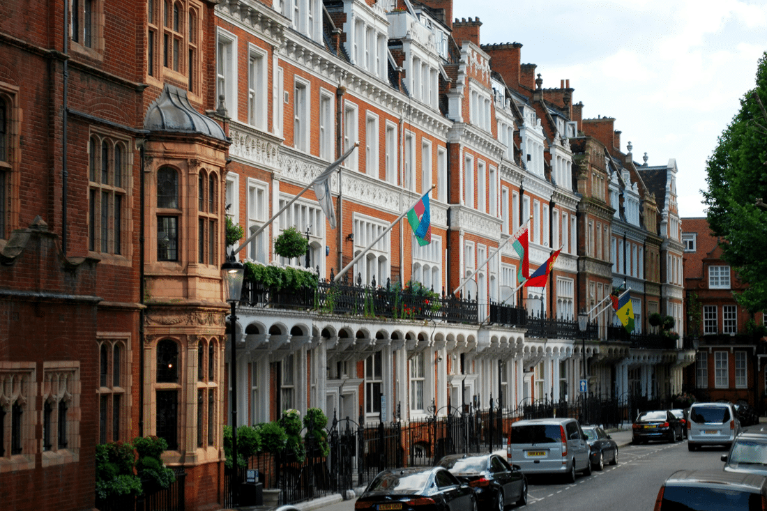 Orange brick terraced houses in Mayfair