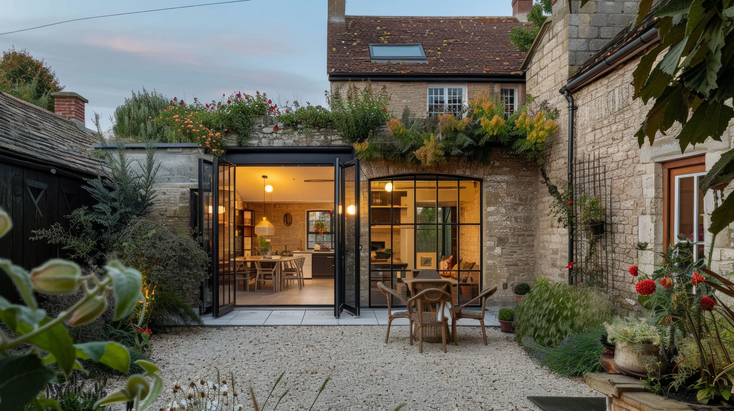 Period stone cottage with a modern glazed kitchen extension